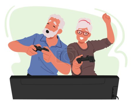 Illustration for Senior Couple Joyfully Engaged In Video Gaming, Display Teamwork And Laughter, Old Characters Comfortably Sitting In Their Living Room with Controllers In Hands. Cartoon People Vector Illustration - Royalty Free Image