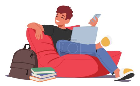 Schoolboy Engrossed In Studies, Toggling Between Smartphone And Laptop. Tech-savvy Multitasker, Blending Traditional Education With Digital Tools For A Dynamic Learning Experience. Vector Illustration