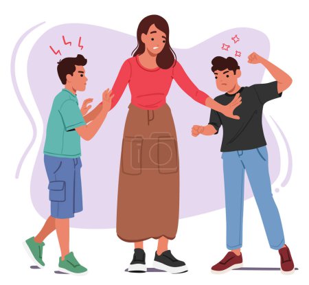 Illustration for Mother Mediates, Fostering Understanding, Teaching Compromise. Encourages Empathy, Guiding Aggressive Kids To Resolve Conflicts Peacefully, Nurturing Communication And Strengthening Familial Bonds - Royalty Free Image
