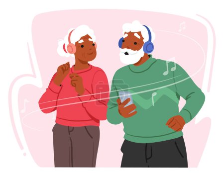 Illustration for Elderly Couple Characters Joyfully United In Serene Contentment, Earphones Connected To A Smartphone, Immersing Themselves In The Harmonies Of Favorite Melodies. Cartoon People Vector Illustration - Royalty Free Image