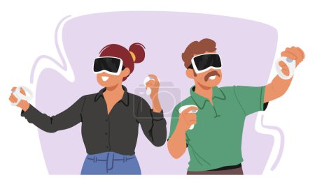 Téléchargez les illustrations : Scène vectorielle Couple de personnes âgées plongés dans la réalité virtuelle, partageant rire et joie alors qu'ils jouent à des jeux vidéo ensemble, leurs visages ornés de lunettes Vr, créant un moment intemporel de connexion numérique - en licence libre de droit