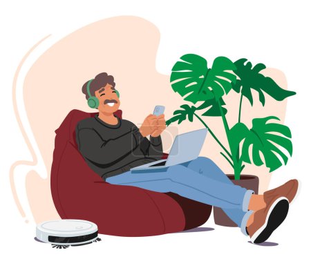 Illustration for Joyful Senior Man Effortlessly Navigates Modern Technology, Embracing The Convenience Of Smart Devices With A Radiant Smile. Old Male Character with Laptop, Smartphone, Headphones and Vacuum Cleaner - Royalty Free Image