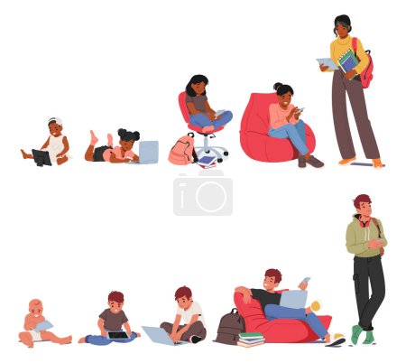 Illustration for Man and Woman Growing Lifecycle Stages With Gadgets. Baby With Tablet, Toddler With Laptop, Student Girl or Boy Characters With Smartphones Use Social Media Network. Cartoon People Vector Illustration - Royalty Free Image