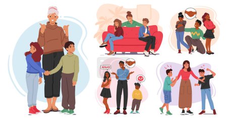 Illustration for Vector Set of Parents Characters Mediate Between Squabbling Siblings, Urging Empathy And Sharing, Fostering Understanding And Compromise, Aiming For Peace And Stronger Bonds In A Nurturing Embrace - Royalty Free Image