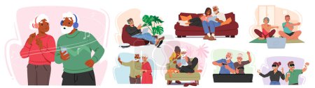 Illustration for Vector Set of Joyful Senior Characters Embrace Modern Technology, Adeptly Navigating Smart Devices With Smiles. Oldies Showcasing, Enthusiasm, Digital Prowess And Contentment In The Digital Age - Royalty Free Image