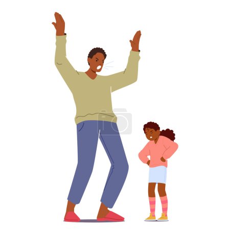 Illustration for Angry Father Scolds His Little Daughter Loudly, His Harsh Words And Towering Presence Overwhelming Her Tiny, Tearful Figure. Black Family Characters Quarrel Scene. Cartoon People Vector Illustration - Royalty Free Image