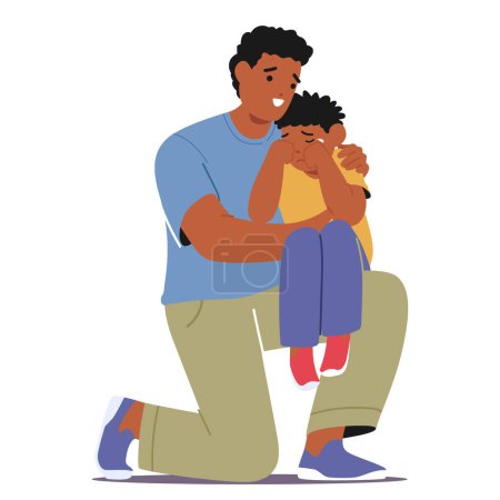 Illustration for Father Gently Wraps His Arms Around His Little Son, Whispering Words Of Comfort, Drying Tears With A Tender Touch, And Restoring Peace With A Soft, Reassuring Smile. Cartoon People Vector Illustration - Royalty Free Image