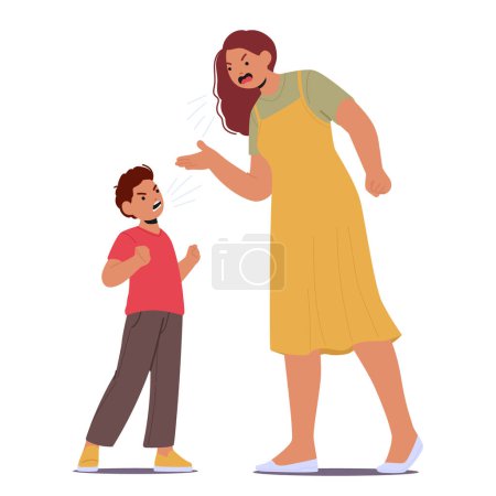 Furious Mother And Son Exchange Heated Shouts, Their Voices Clashing In A Storm Of Emotions, A Turbulent Display Of Frustration And Anger in Characters Relations. Cartoon People Vector Illustration