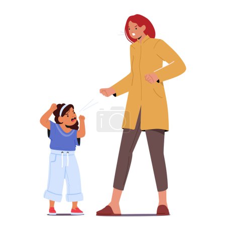 Illustration for Angry Mother Character Shouts Intensely At Her Young Daughter, Her Face Contorted In Frustration, As The Child Screaming, Overwhelmed By The Loud Reprimand. Cartoon People Vector Illustration - Royalty Free Image