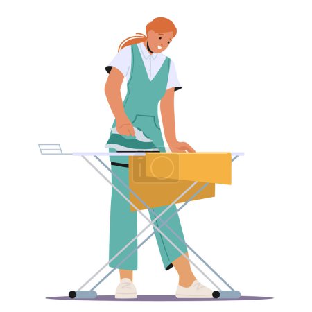 Illustration for Girl Ironing Clean Clothes in Public or Hotel Laundry. Housewife or Maid Work in Launderette. Female Character Employee of Professional Cleaning Service Working Process. Cartoon Vector Illustration - Royalty Free Image