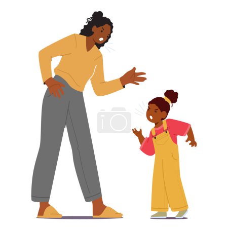 Angry Mother Scolds And Screams At Her Little Daughter, Who Screams Back, Their Faces Contorted In Tense, Emotional Confrontation. Black Family Characters Conflict. Cartoon People Vector Illustration