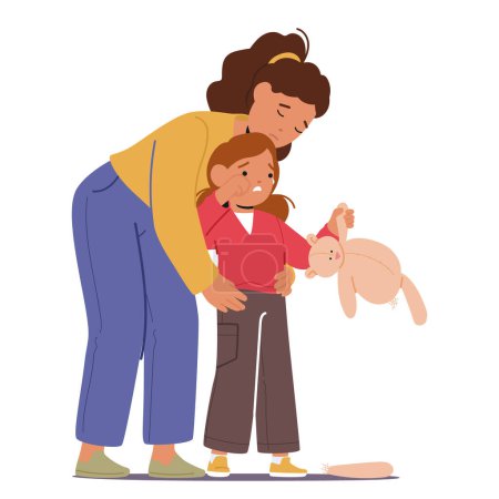 Illustration for Mother Enveloping Her Little Crying Daughter In A Warm Embrace. Parent Character Whispering Words Of Comfort As Tears Give Way To A Calm, And Promising Safety. Cartoon People Vector Illustration - Royalty Free Image
