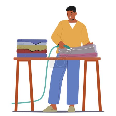 Male Character Efficiently Vacuuming Clothes Sealed In A Bag, Ensures A Space-saving And Organized Wardrobe, Eliminating Excess Air For Compact Storage. Cartoon People Vector Illustration