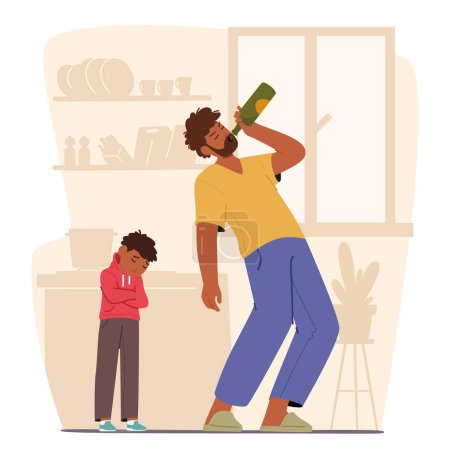 Illustration for Father Drinks Alcohol, Son Stands beside Quietly. A Hint Of Sadness In The Child Eyes As He Wipes Away A Few Tears. Drunk Parent Character with Addiction and Kid. Cartoon People Vector Illustration - Royalty Free Image