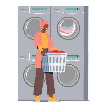 Illustration for Woman Stands In A Public Laundry. Amidst The Hum Of Laundromat Machines, She Holds Basket with Clothes. Concept of Clothing Care, Everyday Routine and Cleaning Service. Cartoon Vector Illustration - Royalty Free Image