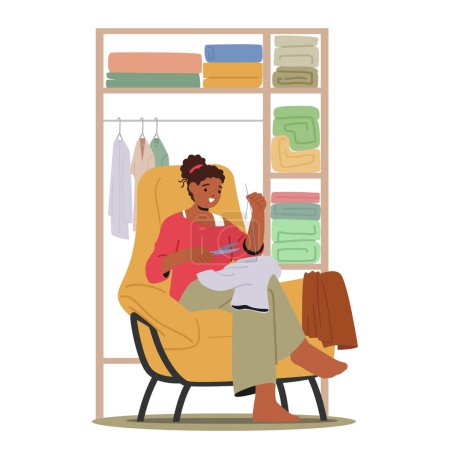 Illustration for Skilled Woman Character Diligently Repairs And Mending Clothes With Scissors, Weaving Threads To Restore Fabric, Imparting Care And Craftsmanship To Each Stitch. Cartoon People Vector Illustration - Royalty Free Image