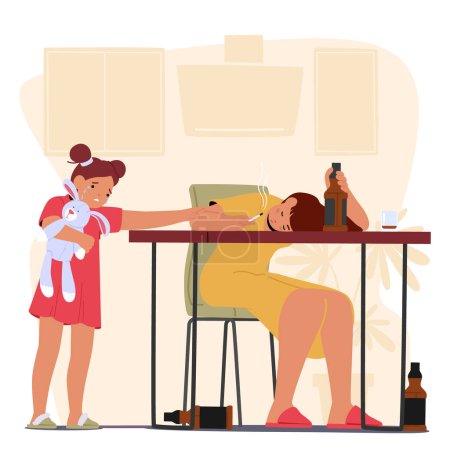 Illustration for Inebriated Mother Character Slumbers On Table with Cigarette in Hand, Empty Bottles Surrounding her. Innocent Daughter Gazes and Cries. Concept of Parental Neglect. Cartoon People Vector Illustration - Royalty Free Image
