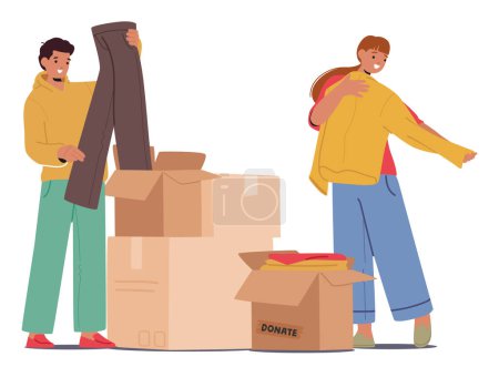 Illustration for People Characters Select Donated Clothes With Care, Seeking Quality, Size Fit, And Personal Style Preferences From A Variety Of Gently Used Options Available To Them. Cartoon Vector Illustration - Royalty Free Image