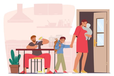 Illustration for Mother, Burdened With Children, Departs From Home, Leaving Behind A Drunken Father Character with a Bottle. Poignant Scene Of Familial Disarray And Emotional Strain. Cartoon People Vector Illustration - Royalty Free Image