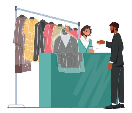 Illustration for Dry Laundry Cleaning Service. Female Character Professional Worker Giving to Client Clean Clothes on Reception with Hanger. Customer Visiting Industrial Public Launderette. Cartoon Vector Illustration - Royalty Free Image