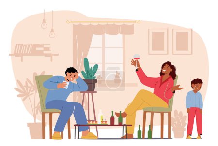 Illustration for Alcoholism in Family Concept. Father And Mother Characters, Absorbed In Their Alcoholic Drinks, Sit Indifferently, While Their Little Crying Son Stands Beside Them. Cartoon People Vector Illustration - Royalty Free Image