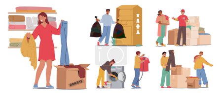 Illustration for Set of Characters Prepare and Bringing Clothes for Recycling and Donation. Compassionate Volunteers Donating Garments To Charity. People Put Textile into Street Bins. Cartoon Vector Illustration - Royalty Free Image