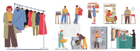 Set of Characters Care of Clothes. Men and Women Washing, Ironing, Sewing, Visiting Public Laundry and Vacuuming Garment. People Handwash, Use Steamer and Remove Stains. Cartoon Vector Illustration