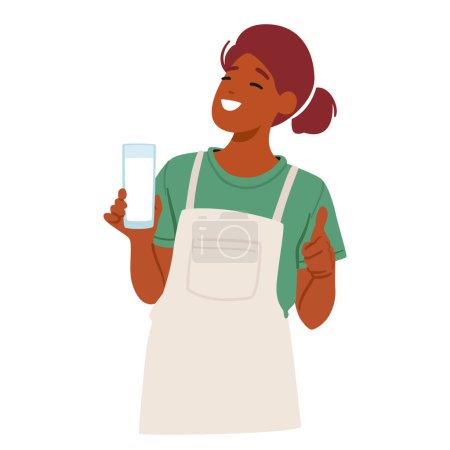 Illustration for Farmer Female Character Donning Apron Cradles A Glass Filled With Frothy, Fresh Milk and Showing Thumb Up, Its Creamy Richness Reflecting The Dedication And Pride. Cartoon People Vector Illustration - Royalty Free Image
