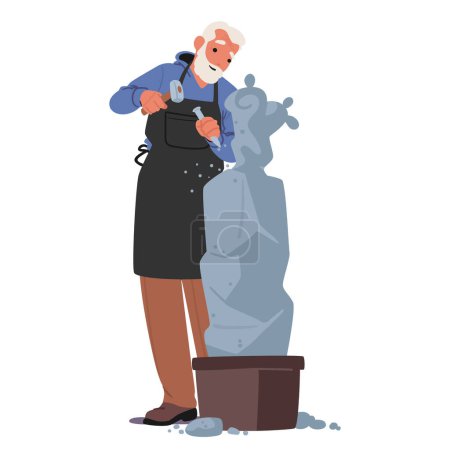 Senior Sculptor Male Character Molds And Shapes Stone To Create Three-dimensional Artwork, Reflecting Beauty, Emotion, Or Symbolism. Creative Skilled Artist Working. Cartoon People Vector Illustration