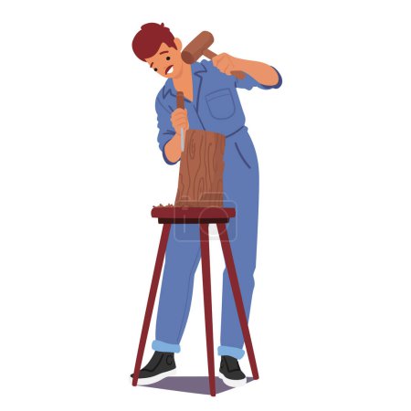 Illustration for Young Sculptor ho Shapes Wood Into Three-dimensional Artwork. Male Artist Character Expressing Ideas, Emotions, Or Depicting Figures Through Carving and Modeling. Cartoon People Vector Illustration - Royalty Free Image