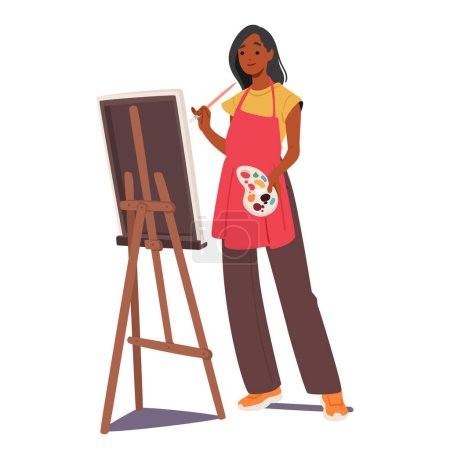 Illustration for Female Artist Character Immersed In Creativity, Skillfully Applies Vibrant Strokes To A Canvas On An Easel, Bringing her Imagination To Life In A Visual Symphony. Cartoon People Vector Illustration - Royalty Free Image