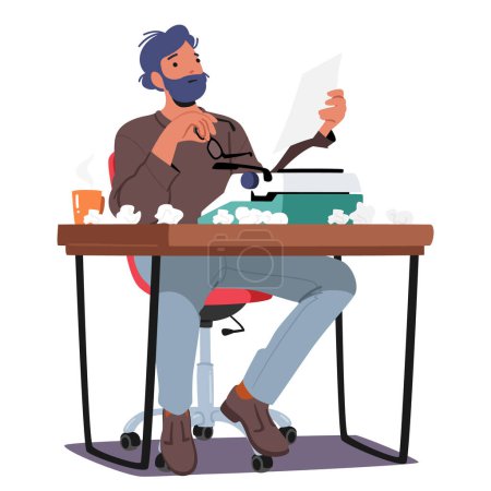 Illustration for Author Male Character Immersed In Thought with Typewriter and Crumpled Papers on Desk. Man Writer Crafting Worlds into Stories. Concept of Creative Profession. Cartoon People Vector Illustration - Royalty Free Image