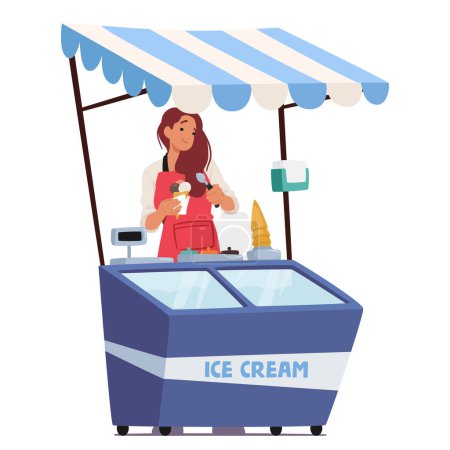 Illustration for Cheerful Saleswoman In A Crisp Apron Stands At Her Ice Cream Stall, Expertly Balancing A Freshly Scooped, Vibrant Ice Cream Cone, Character Ready To Serve Customers. Cartoon People Vector Illustration - Royalty Free Image