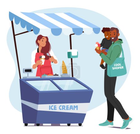 Ice Cream Seller Female Character In A Colorful Cart, Offers A Variety Of Frozen Treats, Charming Customers With Flavors, Smiles, And Desserts On Sunny Days. Cartoon People Vector Illustration