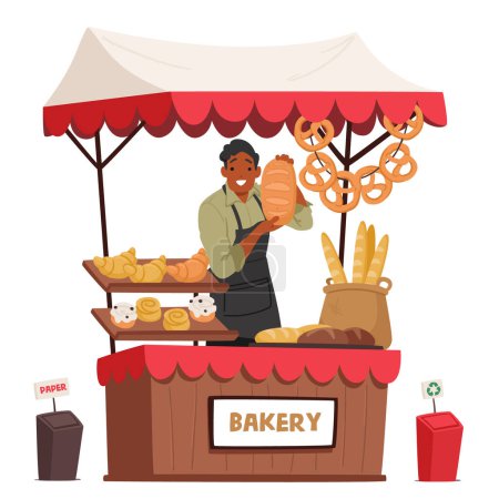 Illustration for Friendly Salesman Baker Character In Apron Stands Behind A Market Stall, Offering A Freshly Baked Loaf Of Bread, Its Aroma Inviting Passersby To Savor The Taste. Cartoon People Vector Illustration - Royalty Free Image