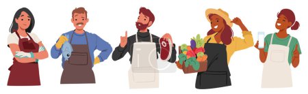 Smiling Farmers With Natural Farming Production. Male and Female Characters with Fresh Fish Meat, Vegetables and Milk. Artisan Men and Women Wearing Aprons. Cartoon People Vector Illustration
