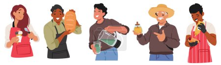 Illustration for Farmers With Natural Farming Production. Male and Female Characters with Ice Cream, Bread, Fresh Juice, Honey and Hot Dog, Salespersons and Artisans Offer Foods. Cartoon People Vector Illustration - Royalty Free Image