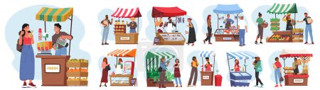 Illustration for Set of Farmers Stalls With Natural Farming Production. Vendor Characters with Ice Cream, Bread, Fresh Juice and Honey. Hot Dog, Fish Meat, Vegetable, Plants or Milk. Cartoon People Vector Illustration - Royalty Free Image