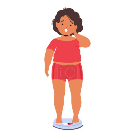 Illustration for Overweight Child Girl Stands Apprehensively On The Scales, Her Face Reflecting Shock, Concern And Uncertainty About The Numbers Displayed. Obese, Fat Kid Character. Cartoon People Vector Illustration - Royalty Free Image