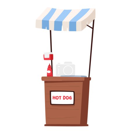 Illustration for Vibrant Hot Dog Stall Kiosk, Adorned With A Colorful Striped Canopy, Exudes An Inviting Aroma. Sizzling Sausages And Condiments Create A Tempting Street Food Haven. Cartoon Vector Illustration - Royalty Free Image