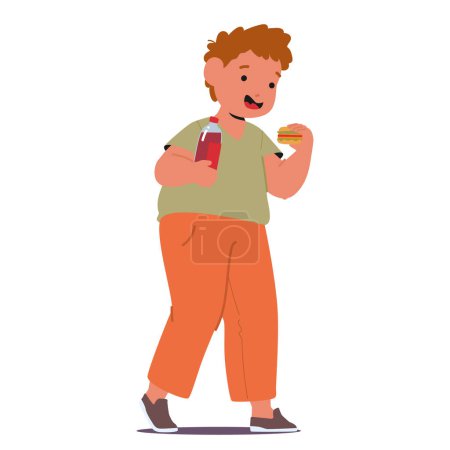 Illustration for Chubby Boy Indulges In A Hefty Burger and Juice, Delight Evident In His Eyes, Smile Between Bites. Obese Kid Character Enjoying Moment Of Pure, Guilty Pleasure. Cartoon People Vector Illustration - Royalty Free Image