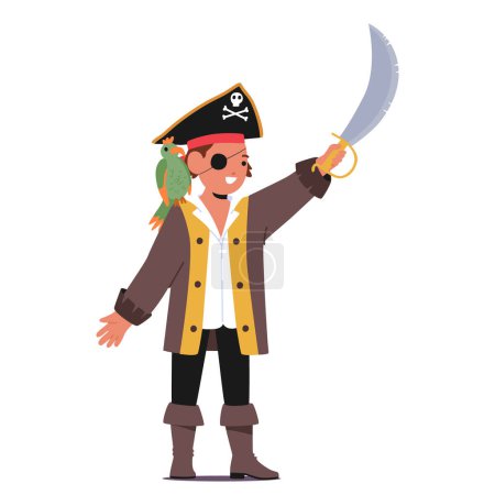 Illustration for Kid Pirate Wearing Eye Patch, Boots and Tricorn Hat, Sword In Hand, Parrot Perched On Shoulder, Mischief In Eyes. Boy Character Ready To Explore The High Seas. Cartoon People Vector Illustration - Royalty Free Image