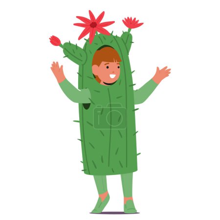 Téléchargez les illustrations : Charmant petit personnage d'enfant orné d'un costume de cactus, tissu vert piquant imitant les épines de la plante du désert, une démonstration fantaisiste d'innocence et de créativité. Illustration vectorielle des personnages de bande dessinée - en licence libre de droit