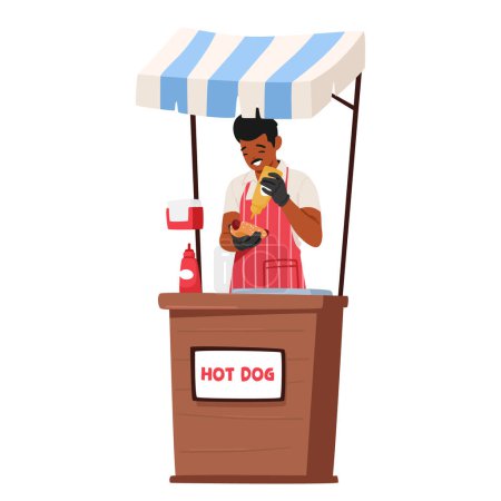 Ilustración de Carácter de vendedor alegre sirve un perro caliente al vapor con una generosa Squirt de mostaza en su bullicioso puesto de mercado, deleitando a los clientes con calor y rabia. Dibujos animados Gente Vector Ilustración - Imagen libre de derechos