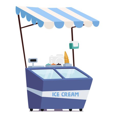 Téléchargez les illustrations : Kiosque de crème glacée portable avec tente colorée, sert délicieuses friandises congelées, créant une atmosphère délicieuse et invitante pour se livrer à des saveurs douces et rafraîchissantes. Illustration vectorielle de bande dessinée - en licence libre de droit