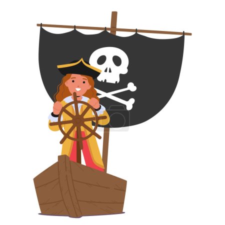 Ilustración de El personaje de Kid Pirate está desafiante al timón de la nave, con los ojos en llamas y la aventura, dirigiéndose hacia mares desconocidos con sueños de tesoro y gloria en el corazón. Dibujos animados Gente Vector Ilustración - Imagen libre de derechos