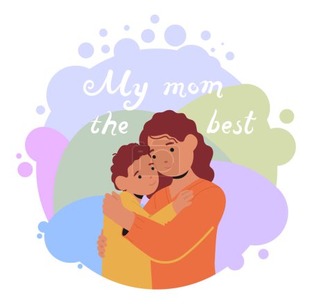 Illustration for Tender Portrait Capturing A Mother Character Embrace Around Her Child, Their Faces Touching Softly, In Serene Contentment, Enveloped In A Warm, Loving Hug. Cartoon People Vector Illustration - Royalty Free Image