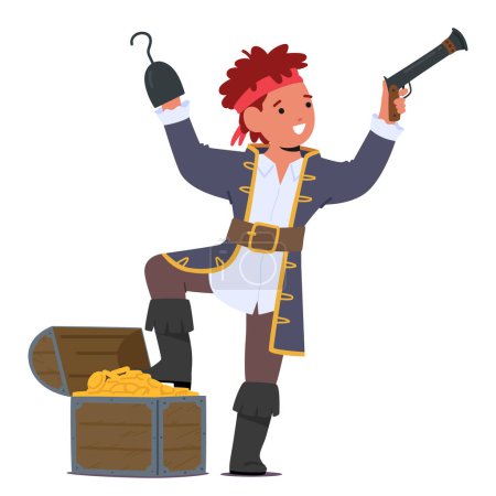 Illustration for Kid Pirate Character, Pint-sized Marauder, Sports A Hooked Hand, with A Treasure Chest, Brandishes A Mini Flintlock Pistol, Embodying Daring Adventures On The High Seas. Cartoon Vector Illustration - Royalty Free Image