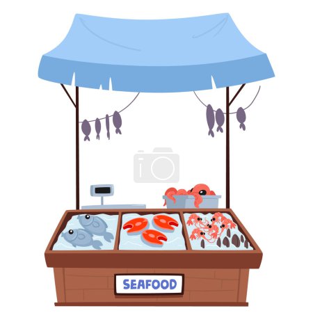 Illustration for Vibrant Seafood Product Kiosk, Adorned With A Weather-resistant Canopy, Showcases Fresh, Icy Delicacies, Inviting Customers With Its Oceanic Theme And Tantalizing Display. Cartoon Vector Illustration - Royalty Free Image