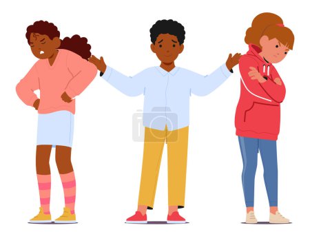 Kid Mediator Navigates The Tricky Waters Of Friendship (en inglés). Chico negro carácter tejiendo comprensión y empatía para reparar la brecha entre amigos en conflicto. Dibujos animados Gente Vector Ilustración